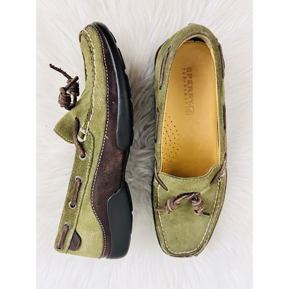 Sperry Top-Sider Docksider Boat Shoes Moss Green Suede Brown Leather Womens 7M